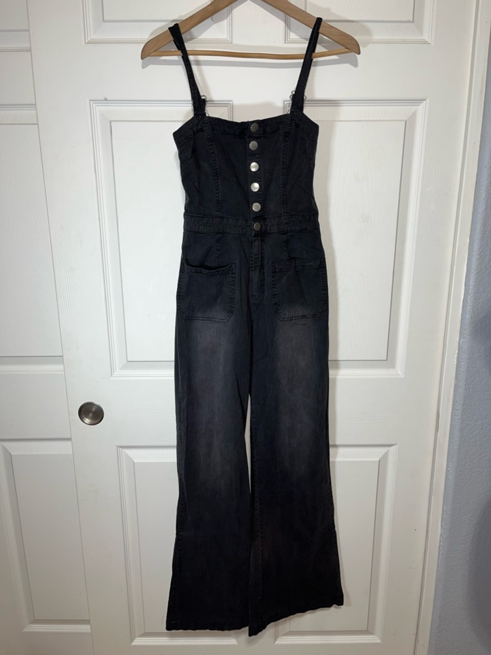 Chaser Black Denim Button-Front Wide-Leg Jumpsuit